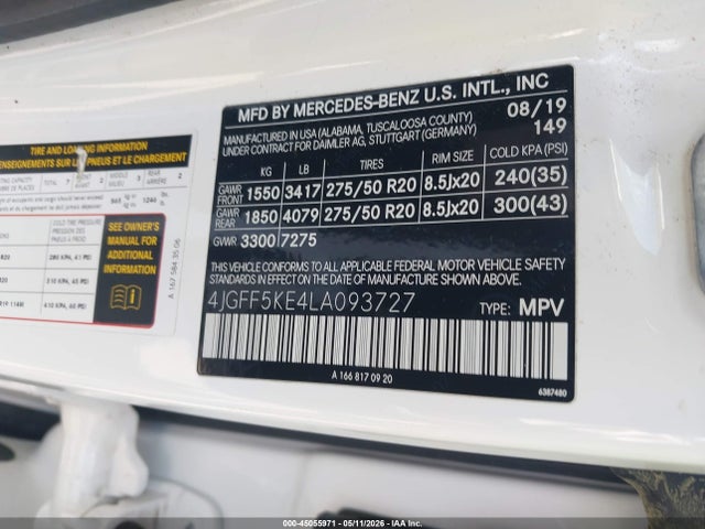 45055971 :رقم المزاد ، 4JGFF5KE4LA093727 vin ، 2020 Mercedes-benz Gls 450 4matic مزاد بيع