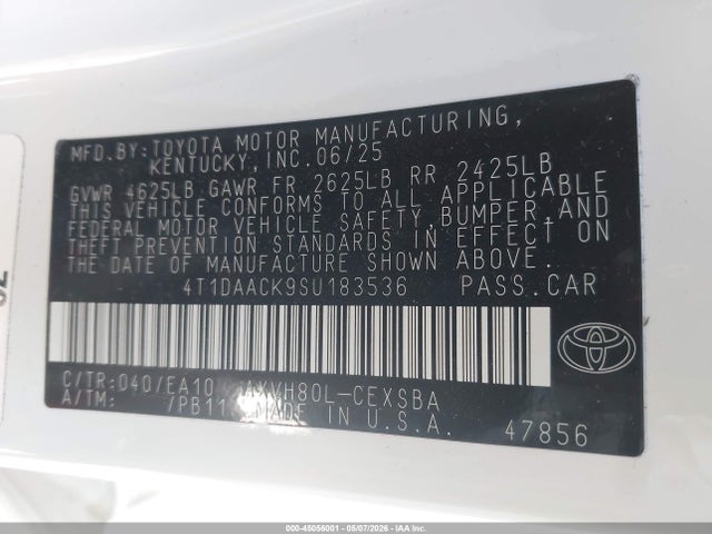 Продажа на аукционе авто 2025 Toyota Camry Se, vin: 4T1DAACK9SU183536, номер лота: 45056001