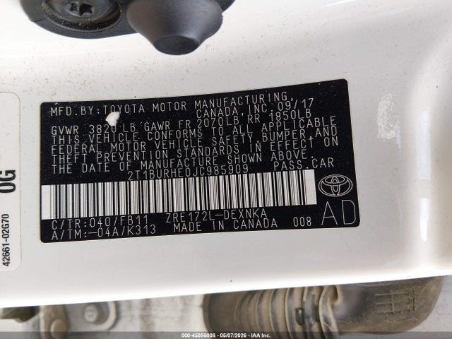 2018 Toyota Corolla Le მანქანა იყიდება აუქციონზე, vin: 2T1BURHE0JC985909, აუქციონის ნომერი: 45056008