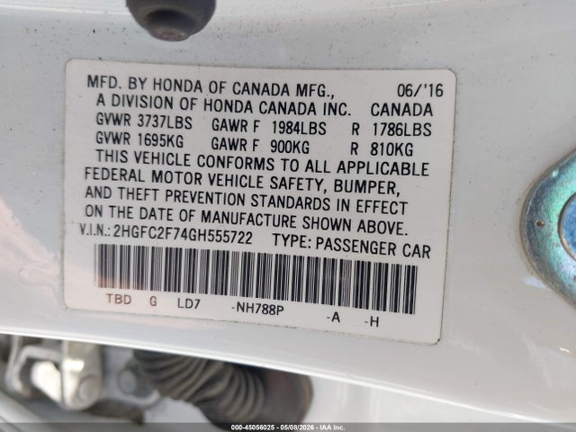 Aukcja sprzedaży 2016 Honda Civic Ex, vin: 2HGFC2F74GH555722, numer aukcji: 45056025