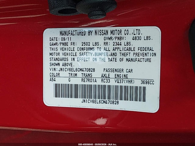 2012 Infiniti G37x მანქანა იყიდება აუქციონზე, vin: JN1CV6EL6CM470828, აუქციონის ნომერი: 45056045