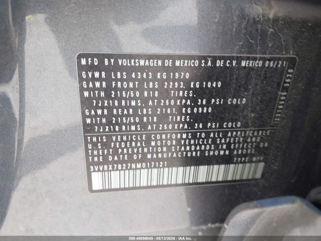 2022 Volkswagen Taos 1.5t Se მანქანა იყიდება აუქციონზე, vin: 3VVRX7B27NM017121, აუქციონის ნომერი: 45056049