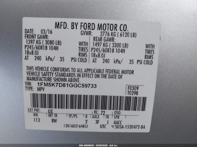 Продажа на аукционе авто 2016 Ford Explorer Xlt, vin: 1FM5K7D81GGC59733, номер лота: 45056050