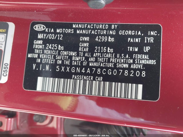 45056051 :رقم المزاد ، 5XXGN4A78CG078208 vin ، 2012 Kia Optima Ex مزاد بيع