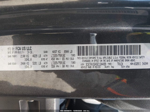 45056070 :رقم المزاد ، 3C6TRVDGXGE124499 vin ، 2016 Ram Promaster 2500 High Roof مزاد بيع