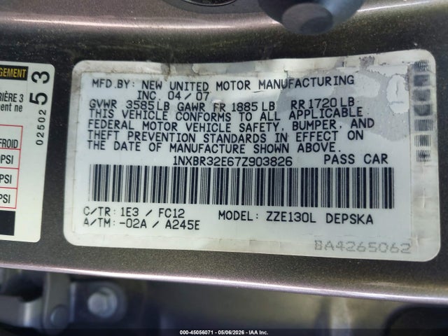 2007 Toyota Corolla S მანქანა იყიდება აუქციონზე, vin: 1NXBR32E67Z903826, აუქციონის ნომერი: 45056071