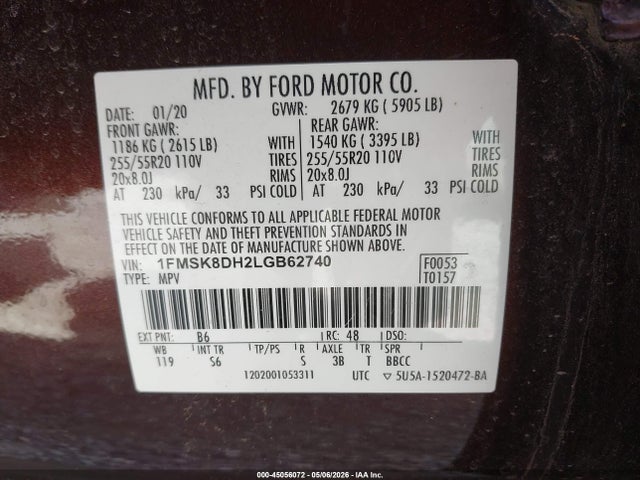 Aukcja sprzedaży 2020 Ford Explorer Xlt, vin: 1FMSK8DH2LGB62740, numer aukcji: 45056072