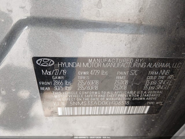 Hyundai Santa Fe Sel Plus 2019 5NMS33AD0KH106518 Image 9