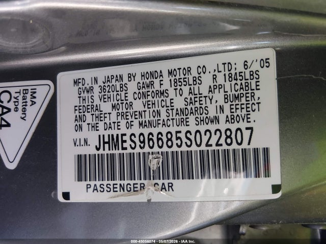 45056074 :رقم المزاد ، JHMES96685S022807 vin ، 2005 Honda Civic Hybrid مزاد بيع