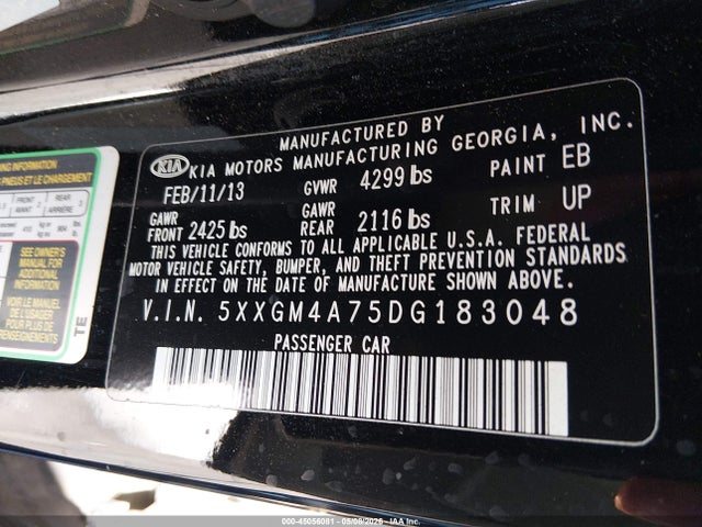 45056081 :رقم المزاد ، 5XXGM4A75DG183048 vin ، 2013 Kia Optima Lx مزاد بيع