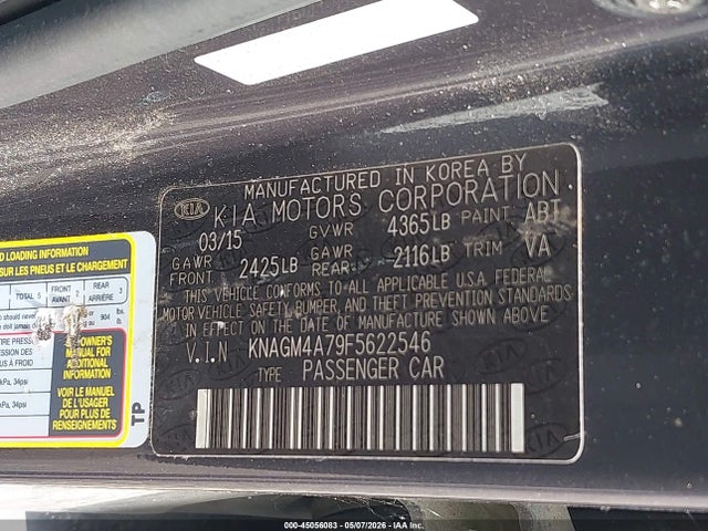 45056083 :رقم المزاد ، KNAGM4A79F5622546 vin ، 2015 Kia Optima Lx مزاد بيع