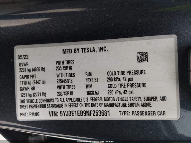 Aukcja sprzedaży 2022 Tesla Model 3 Long Range Dual Motor All-wheel Drive, vin: 5YJ3E1EB9NF253681, numer aukcji: 45056096