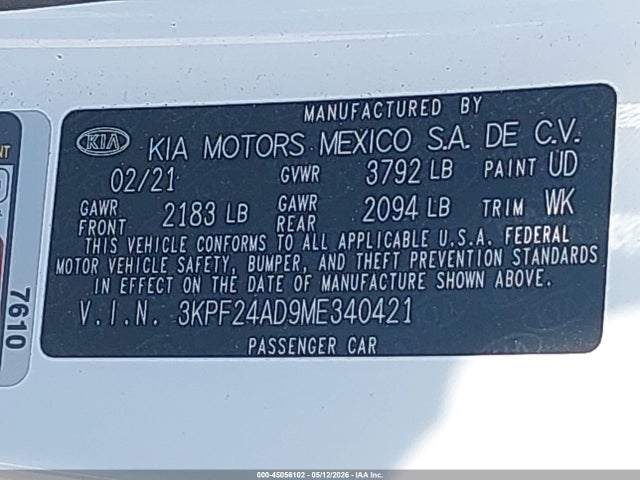 Aukcja sprzedaży 2021 Kia Forte Lxs, vin: 3KPF24AD9ME340421, numer aukcji: 45056102