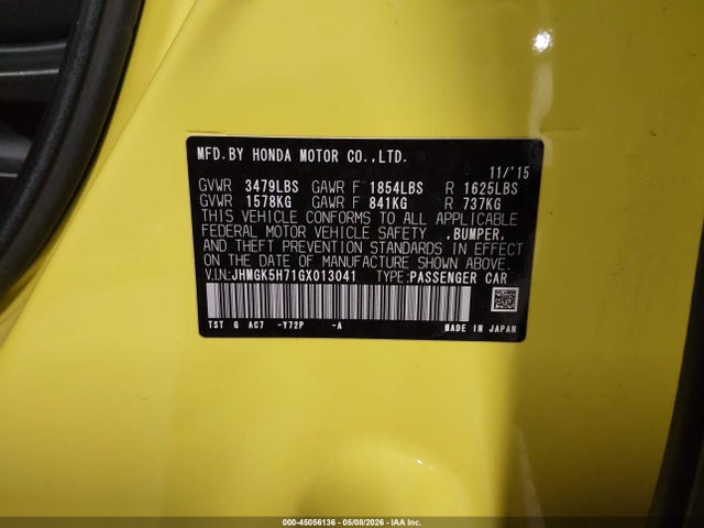 45056136 :رقم المزاد ، JHMGK5H71GX013041 vin ، 2016 Honda Fit Ex مزاد بيع