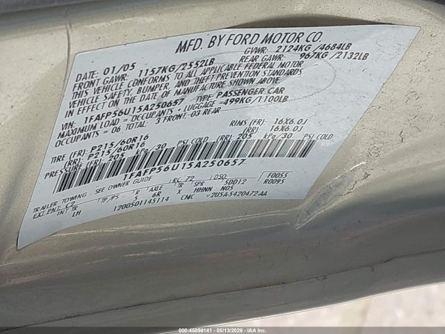 Aukcja sprzedaży 2005 Ford Taurus Sel, vin: 1FAFP56U15A250657, numer aukcji: 45056141