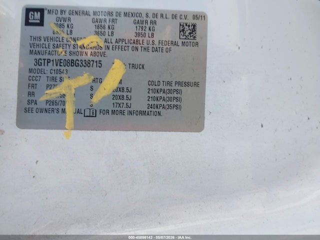 Aukcja sprzedaży 2011 Gmc Sierra 1500 Sle, vin: 3GTP1VE08BG338715, numer aukcji: 45056142