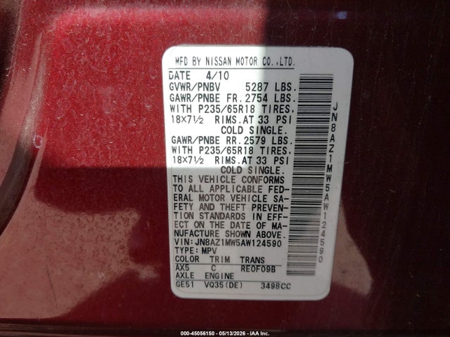 Aukcja sprzedaży 2010 Nissan Murano Sl, vin: JN8AZ1MW5AW124590, numer aukcji: 45056150