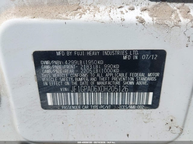 Продажа на аукционе авто 2013 Subaru Impreza 2.0i Premium, vin: JF1GPAD6XDH205126, номер лота: 45056159