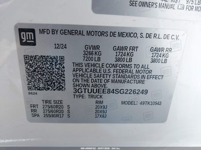 Aukcja sprzedaży 2025 Gmc Sierra 1500 4wd  Short Box At4, vin: 3GTUUEE84SG226249, numer aukcji: 45056162