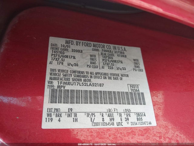 2002 Ford Expedition Eddie Bauer მანქანა იყიდება აუქციონზე, vin: 1FMRU17L52LA52187, აუქციონის ნომერი: 45056175