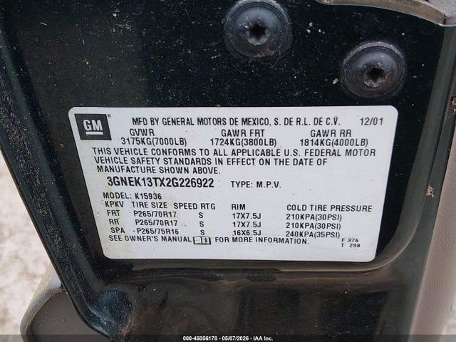 2002 Chevrolet Avalanche 1500 მანქანა იყიდება აუქციონზე, vin: 3GNEK13TX2G226922, აუქციონის ნომერი: 45056178