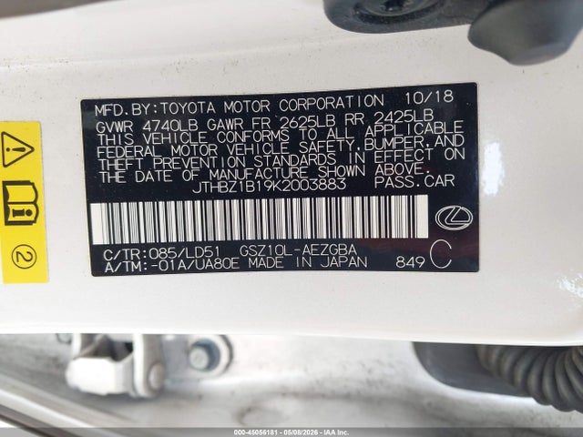 Aukcja sprzedaży 2019 Lexus Es 350, vin: JTHBZ1B19K2003883, numer aukcji: 45056181