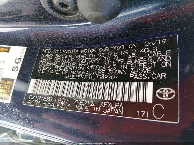 Продаж на аукціоні авто 2020 Toyota Corolla Le, vin: JTDEPRAE1LJ049707, номер лоту: 45056184