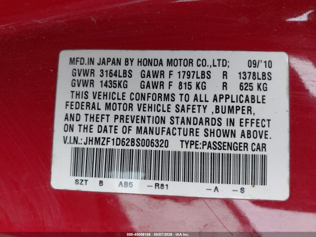 Aukcja sprzedaży 2011 Honda Cr-z Ex, vin: JHMZF1D62BS006320, numer aukcji: 45056186