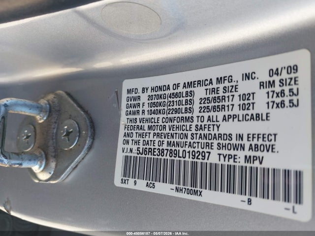 2009 Honda Cr-v Ex-l მანქანა იყიდება აუქციონზე, vin: 5J6RE38789L019297, აუქციონის ნომერი: 45056187