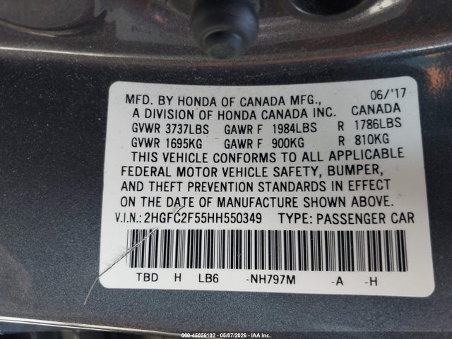 Honda Civic Lx 2017 2HGFC2F55HH550349 Image 9