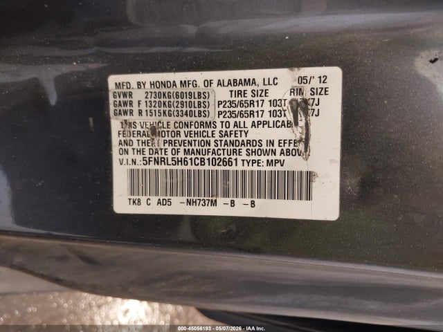 45056193 :رقم المزاد ، 5FNRL5H61CB102661 vin ، 2012 Honda Odyssey Ex-l مزاد بيع