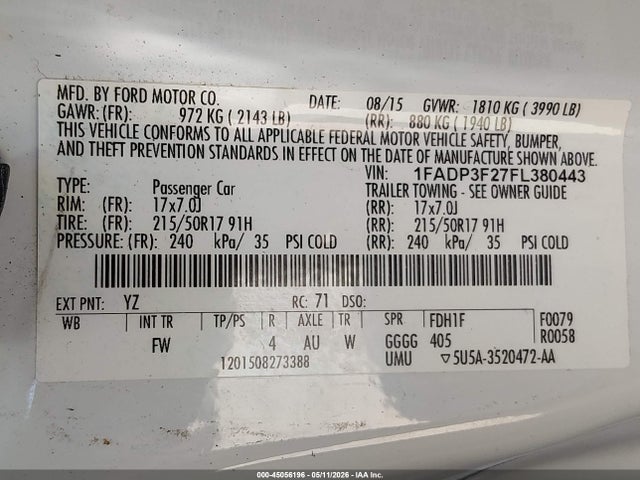 45056196 :رقم المزاد ، 1FADP3F27FL380443 vin ، 2015 Ford Focus Se مزاد بيع