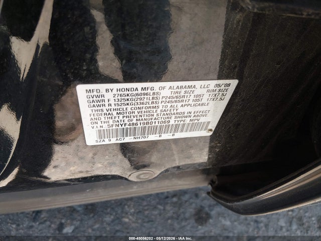 2009 Honda Pilot Ex-l მანქანა იყიდება აუქციონზე, vin: 5FNYF48619B011069, აუქციონის ნომერი: 45056202