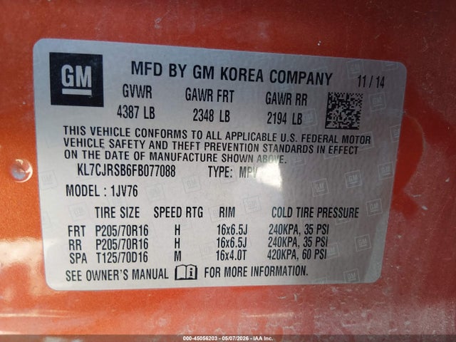 Chevrolet Trax Lt 2015 KL7CJRSB6FB077088 Image 9