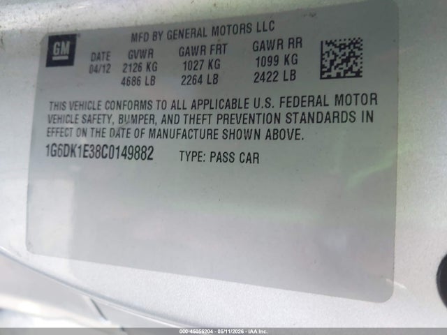 Aukcja sprzedaży 2012 Cadillac Cts Performance, vin: 1G6DK1E38C0149882, numer aukcji: 45056204