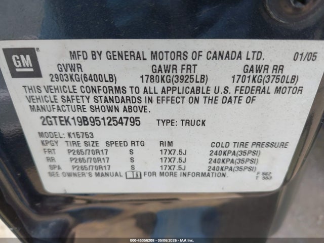 45056208 :رقم المزاد ، 2GTEK19B951254795 vin ، 2005 Gmc Sierra 1500 Slt مزاد بيع