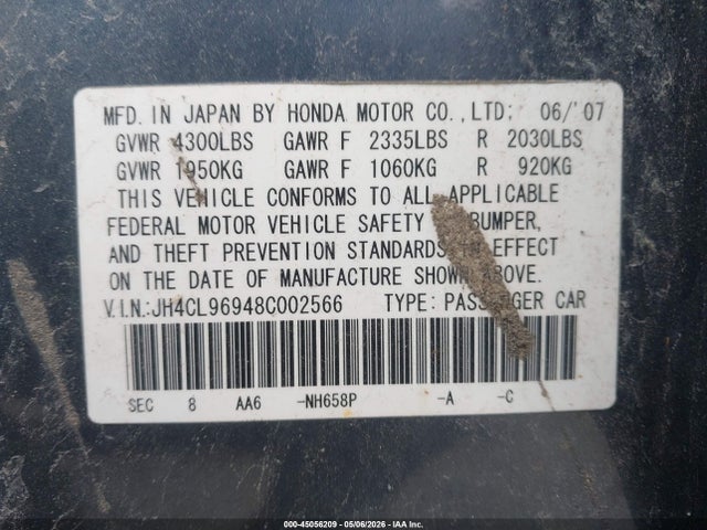 Продажа на аукционе авто 2008 Acura Tsx, vin: JH4CL96948C002566, номер лота: 45056209
