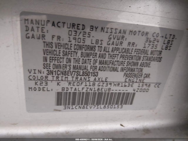 45056211 :رقم المزاد ، 3N1CN8EV7SL850153 vin ، 2025 Nissan Versa 1.6 Sv مزاد بيع