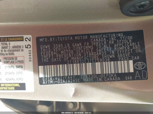 45056214 :رقم المزاد ، 2T1BR32E37C759038 vin ، 2007 Toyota Corolla Ce مزاد بيع