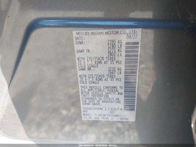 2022 Nissan Murano Platinum Intelligent Awd მანქანა იყიდება აუქციონზე, vin: 5N1AZ2DS6NC126074, აუქციონის ნომერი: 45056219