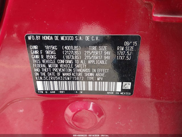 Aukcja sprzedaży 2016 Honda Hr-v Lx, vin: 3CZRU5H32GM715872, numer aukcji: 45056225
