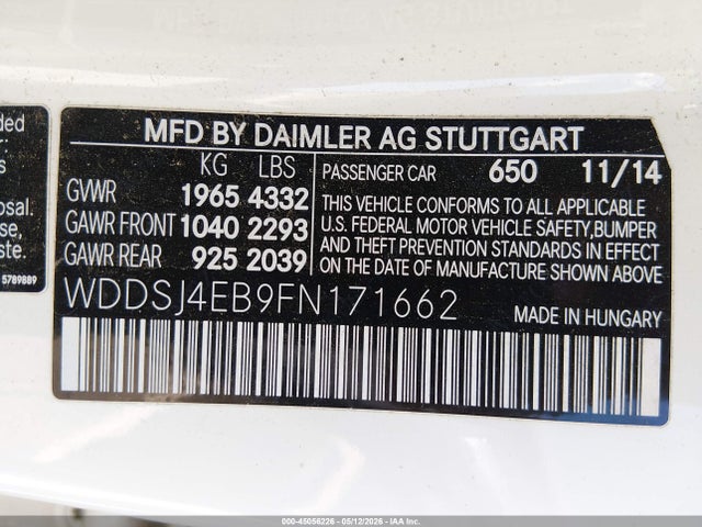 2015 Mercedes-benz Cla 250 მანქანა იყიდება აუქციონზე, vin: WDDSJ4EB9FN171662, აუქციონის ნომერი: 45056226