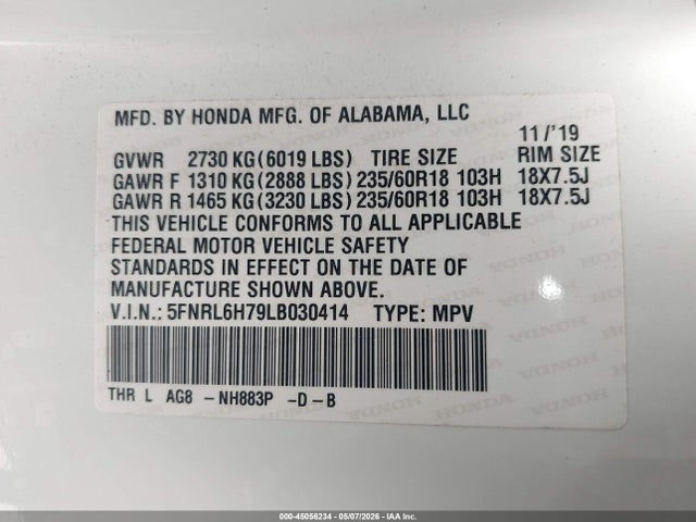 45056234 :رقم المزاد ، 5FNRL6H79LB030414 vin ، 2020 Honda Odyssey Ex-l/ex-l W/navi   Res مزاد بيع