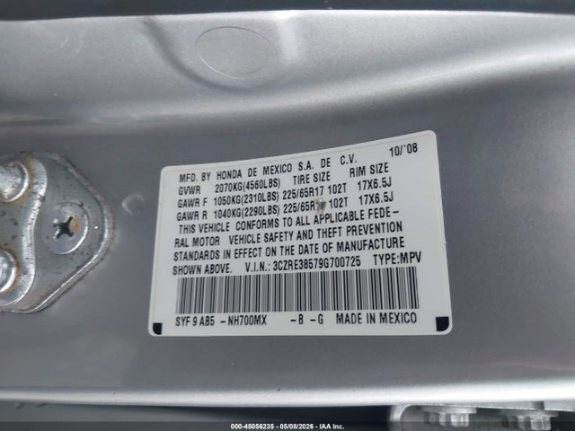 2009 Honda Cr-v Ex მანქანა იყიდება აუქციონზე, vin: 3CZRE38579G700725, აუქციონის ნომერი: 45056235