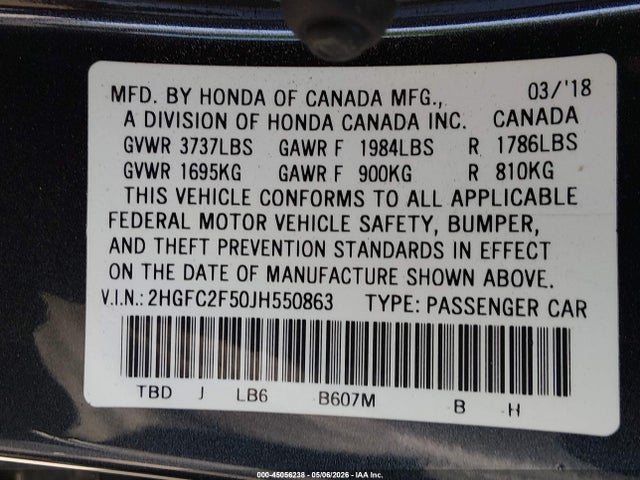 Auction sale of the 2018 Honda Civic Lx, vin: 2HGFC2F50JH550863, lot number: 45056238