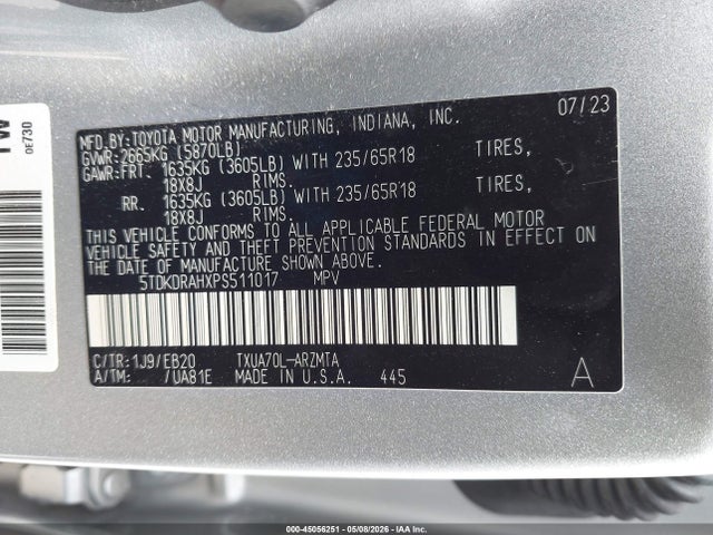 Aukcja sprzedaży 2023 Toyota Highlander Xle, vin: 5TDKDRAHXPS511017, numer aukcji: 45056251