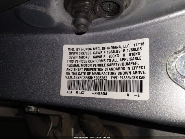 Aukcja sprzedaży 2017 Honda Civic Lx, vin: 19XFC2F58HE205262, numer aukcji: 45056259