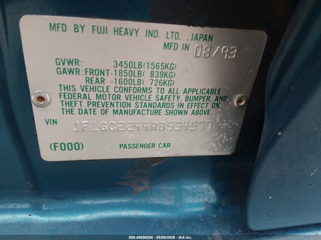 1994 Subaru Impreza L მანქანა იყიდება აუქციონზე, vin: JF1GC2244RB534577, აუქციონის ნომერი: 45056268