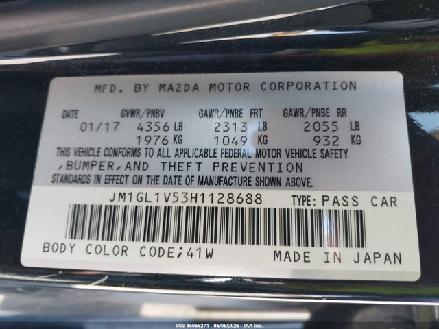 2017 Mazda Mazda6 Touring მანქანა იყიდება აუქციონზე, vin: JM1GL1V53H1128688, აუქციონის ნომერი: 45056271