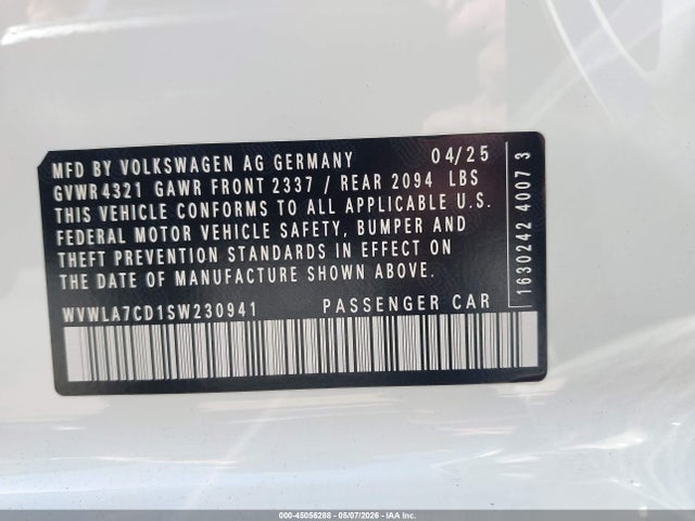 Aukcja sprzedaży 2025 Volkswagen Golf Gti 2.0t S, vin: WVWLA7CD1SW230941, numer aukcji: 45056288